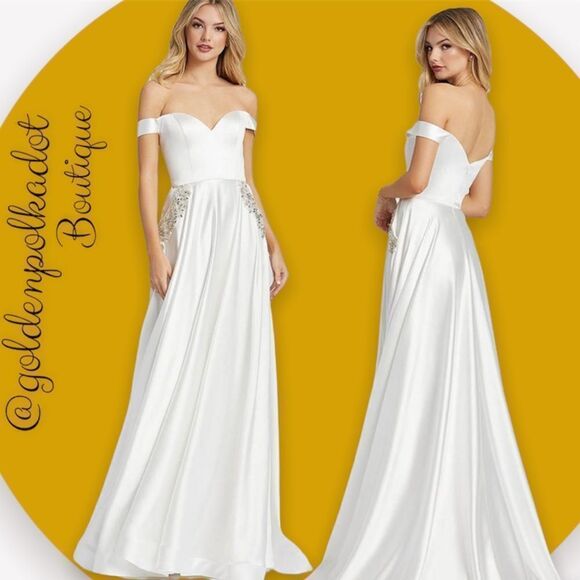 BRIDAL Gown Ieena for Mac Duggal OFF THE SHOULDER EMBELLISHED SATIN Size 2 NWT - Picture 4 of 11